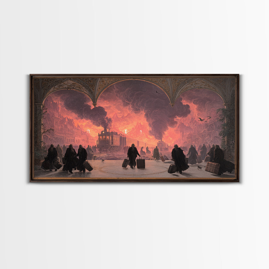 The Ghost Train Arrival, Apocalyptic Romantic Art, Wide Panoramic Art, Gothic Horror Wall Art, Canvas Print, Halloween Wall Art