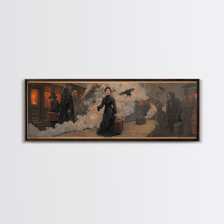 The Ghost Train Arrival, Symbolist Etching Art, Extra Wide Wall Art, Dark Fantasy Wall Art, Framed Canvas Print, Halloween Wall Art