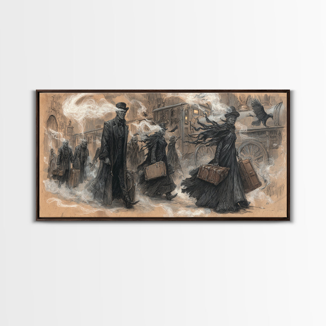 The Ghost Train Arrival, Expressionist Nightmare Art, Wide Panoramic Art, Macabre Wall Art, Canvas Print, Halloween Wall Art