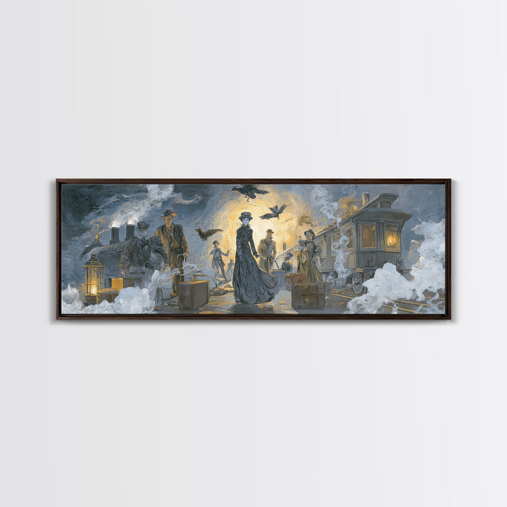 The Ghost Train Arrival, Expressionist Gothic Art, Extra Wide Wall Art, Dark Halloween Decor, Canvas Print, Halloween Wall Art