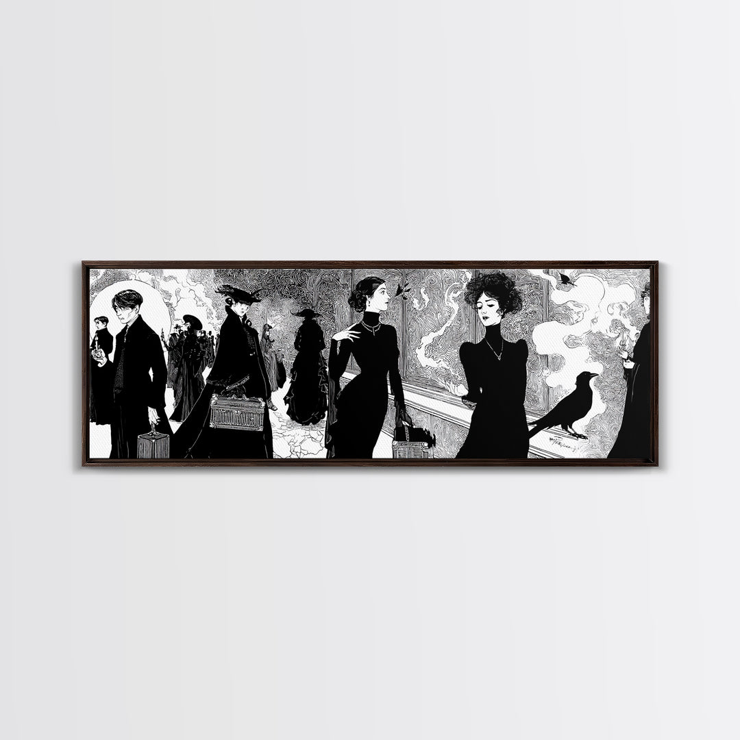 The Ghost Train Arrival, Decadent Line Art, Extra Wide Wall Art, Gothic Horror Wall Art, Canvas Print, Halloween Wall Art