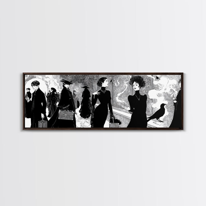 The Ghost Train Arrival, Decadent Line Art, Extra Wide Wall Art, Gothic Horror Wall Art, Canvas Print, Halloween Wall Art