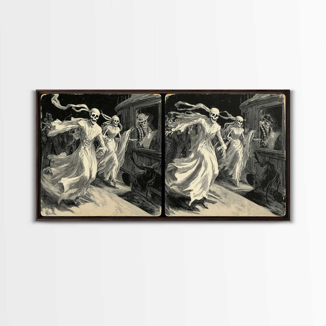 The Ghost Train Arrival, Macabre Folk Print Art, Wide Panoramic Art, Dark Fantasy Wall Art, Framed Canvas Print