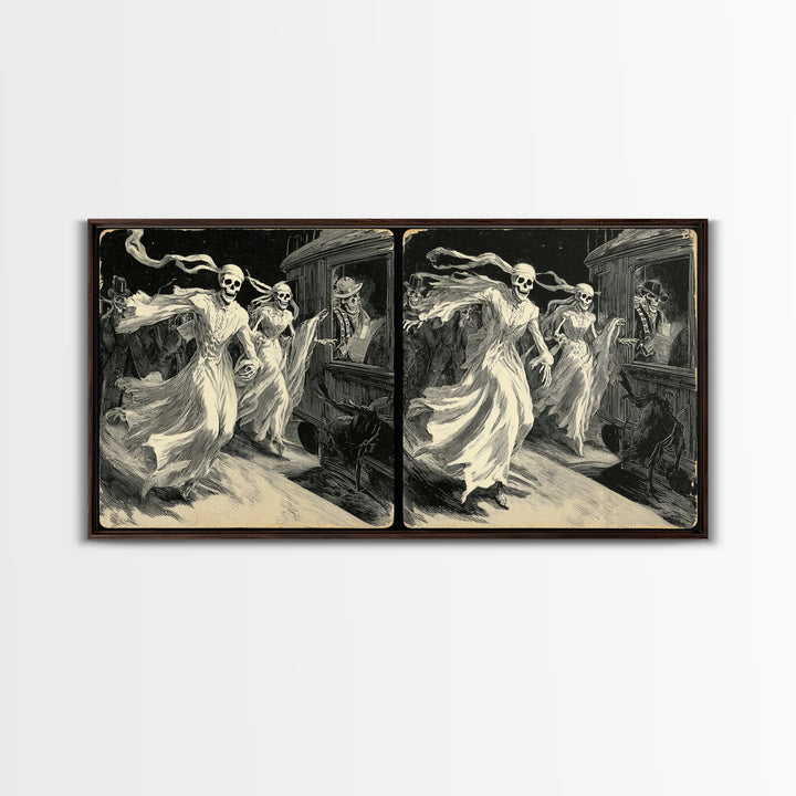 The Ghost Train Arrival, Macabre Folk Print Art, Wide Panoramic Art, Dark Fantasy Wall Art, Framed Canvas Print
