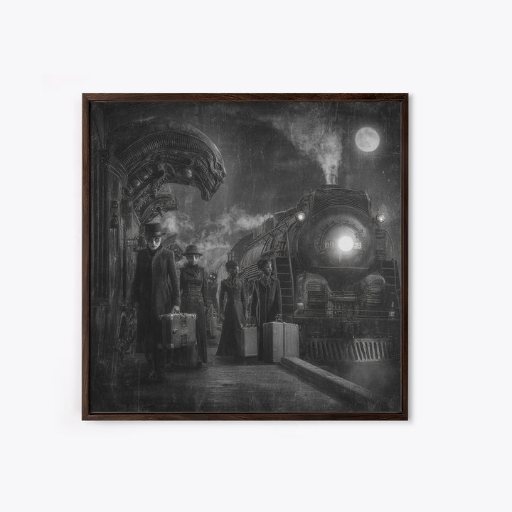 The Ghost Train Arrival, Biomechanical Horror Art, Square Wall Art, Dark Fantasy Wall Art, Framed Canvas Print, Halloween Wall Art