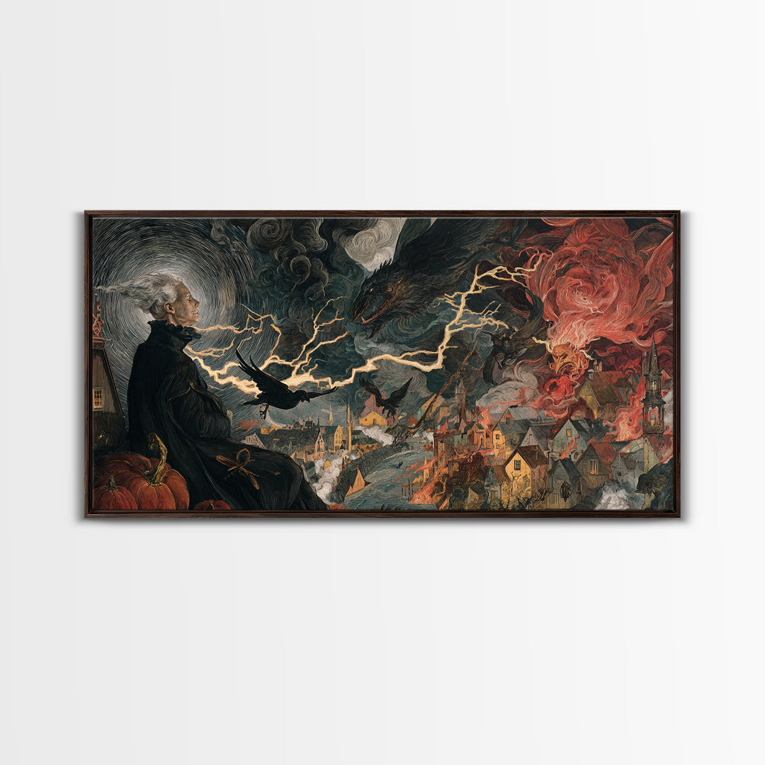 The Halloween Storm, Dark Renaissance Art, Wide Panoramic Art, Dark Fantasy Wall Art, Framed Canvas Print, Halloween Wall Art