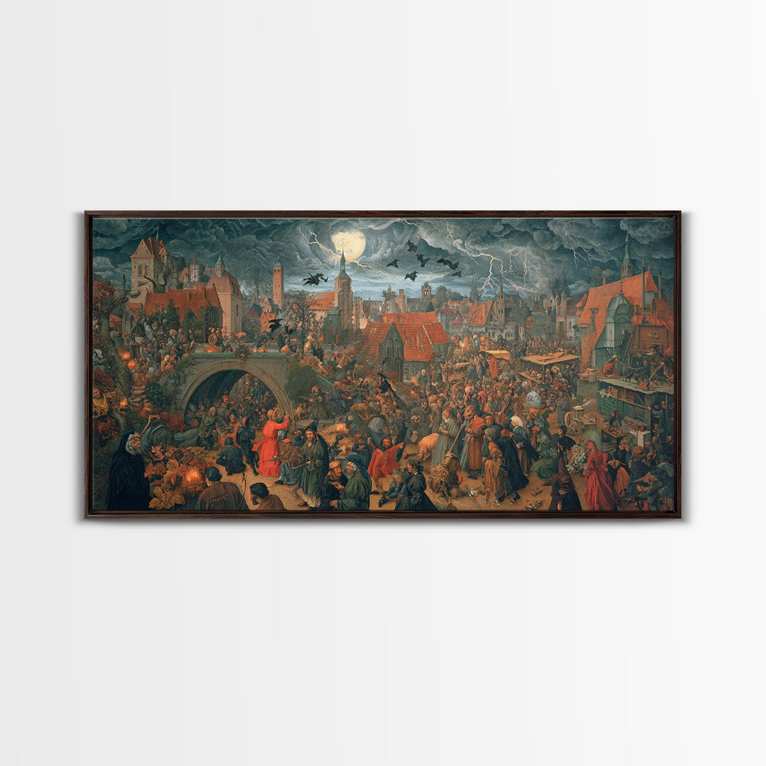 The Halloween Storm, Danse Macabre Art, Wide Panoramic Art, Macabre Wall Art, Framed Canvas Print, Halloween Wall Art
