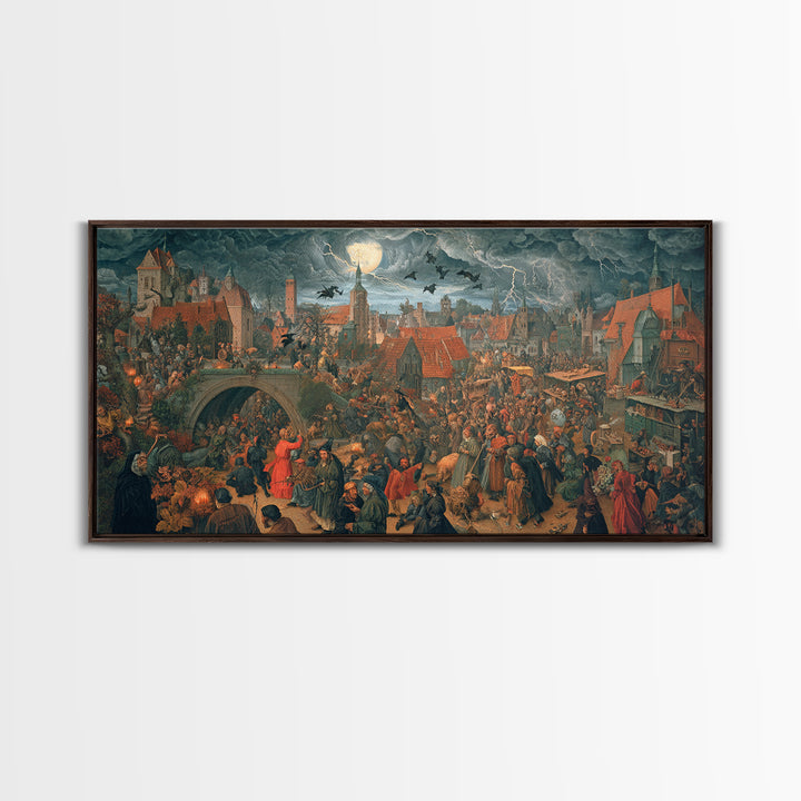 The Halloween Storm, Danse Macabre Art, Wide Panoramic Art, Macabre Wall Art, Framed Canvas Print, Halloween Wall Art
