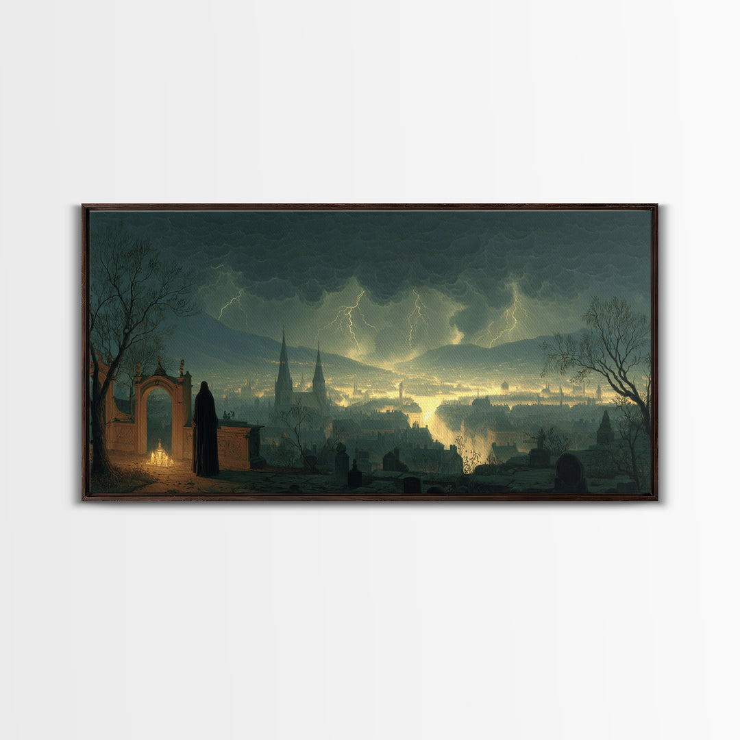 The Halloween Storm, Romantic Gothic Landscape, Wide Panoramic Art, Dark Halloween Decor, Framed Canvas Print, Halloween Wall Art