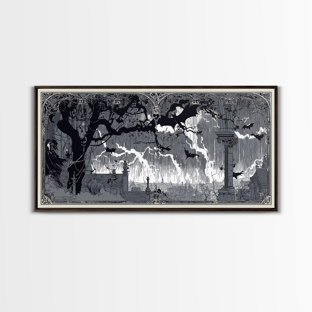 The Halloween Storm, Decadent Line Art, Wide Panoramic Art, Gothic Horror Wall Art, Framed Canvas Print, Halloween Wall Art