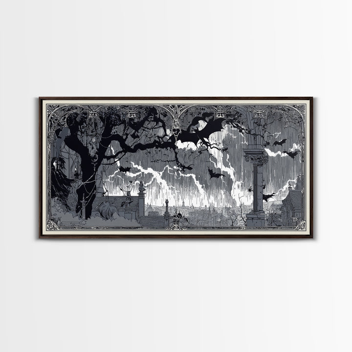The Halloween Storm, Decadent Line Art, Wide Panoramic Art, Gothic Horror Wall Art, Framed Canvas Print, Halloween Wall Art