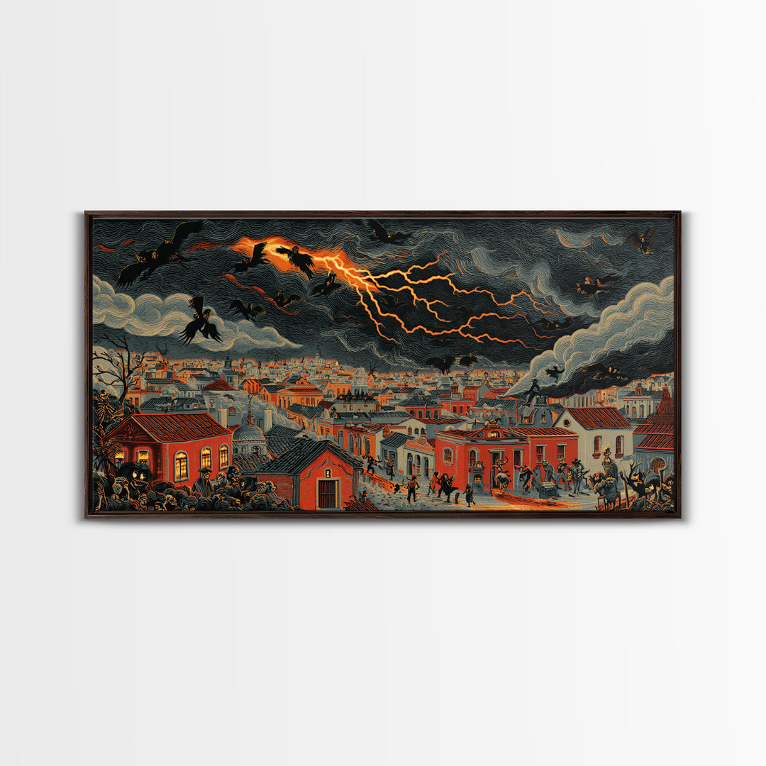 The Halloween Storm, Macabre Folk Print Art, Wide Panoramic Art, Dark Fantasy Wall Art, Framed Canvas Print, Halloween Wall Art