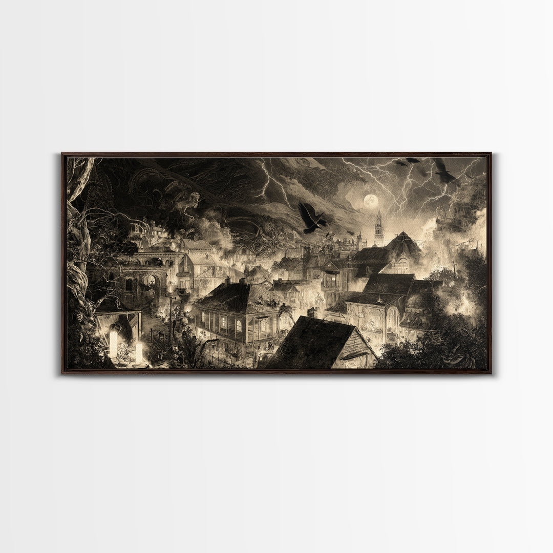 The Halloween Storm, Biomechanical Horror Art, Wide Panoramic Art, Dark Halloween Decor, Canvas Print, Halloween Wall Art