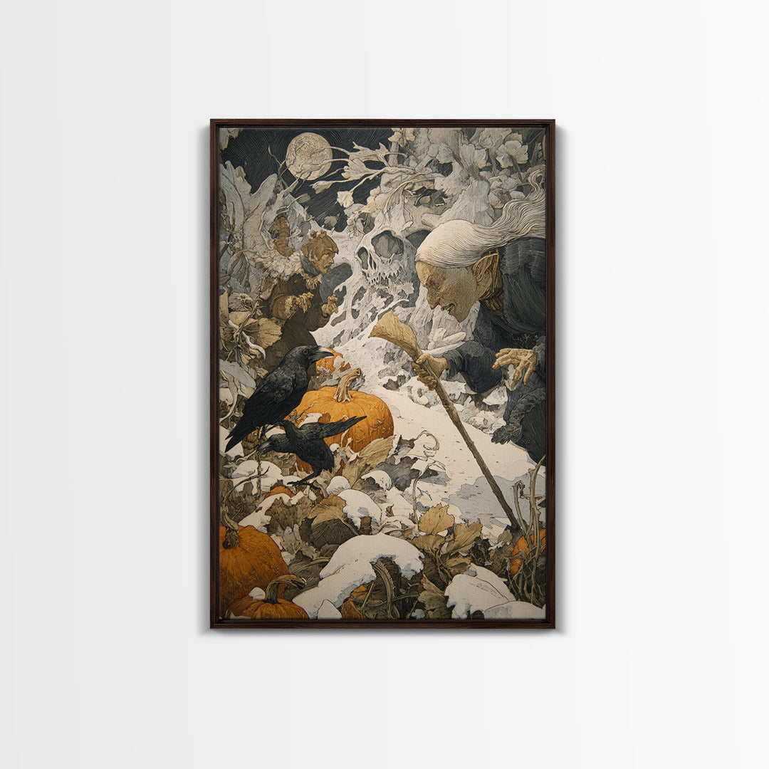 The First Frost Awakening, Symbolist Etching Art, Vertical Wall Art, Dark Fantasy Wall Art, Framed Canvas Print, Halloween Wall Art