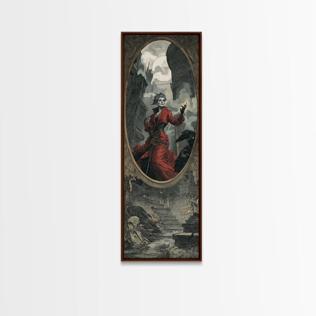 The Cursed Mirror, Architectural Etching Art, Tall Narrow Wall Art, Dark Fantasy Wall Art, Canvas Print, Halloween Wall Art