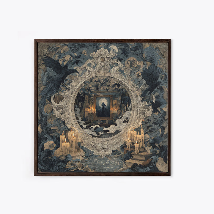 The Cursed Mirror, Symbolist Etching Art, Square Wall Art, Dark Fantasy Wall Art, Framed Canvas Print, Halloween Wall Art