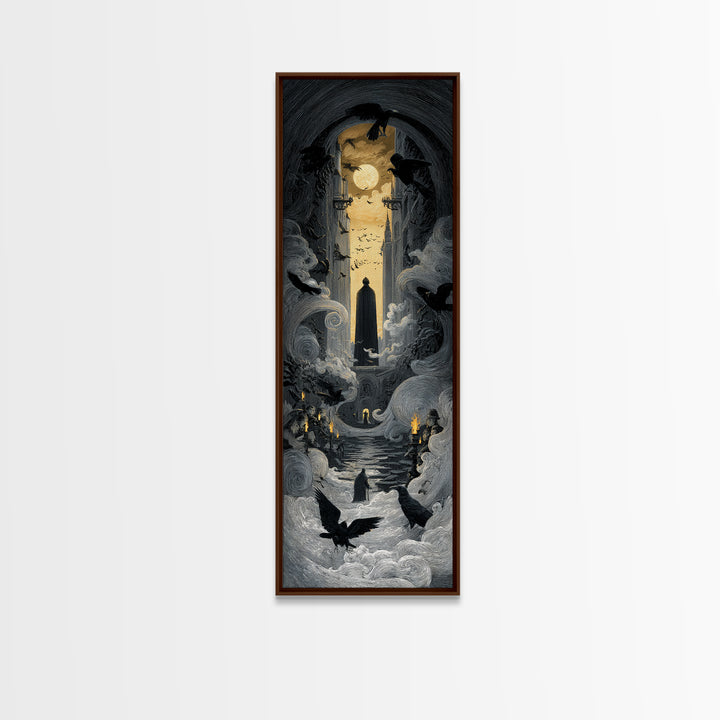 The Living Spellbook, Gothic Engraving Art, Tall Narrow Wall Art, Dark Fantasy Wall Art, Canvas Print, Halloween Wall Art
