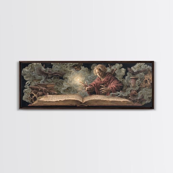The Living Spellbook, Dark Renaissance Art, Extra Wide Wall Art, Dark Halloween Decor, Framed Canvas Print, Halloween Wall Art