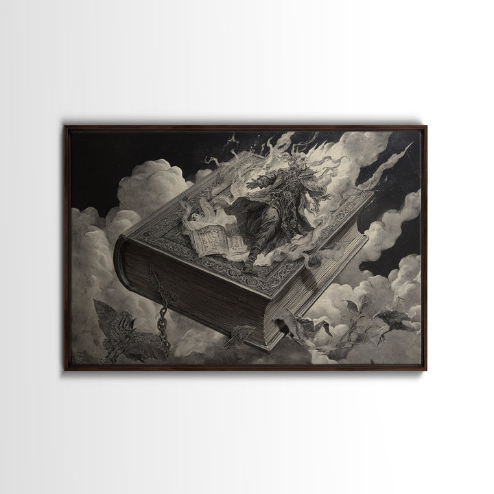 The Living Spellbook, Architectural Etching Art, Landscape Wall Art, Dark Fantasy Wall Art, Canvas Print, Halloween Wall Art