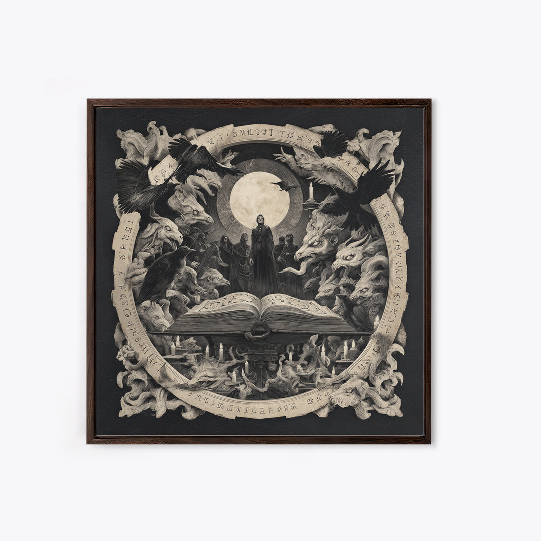 The Living Spellbook, Dark Symbolist Art, Square Wall Art, Dark Halloween Decor, Framed Canvas Print, Halloween Wall Art