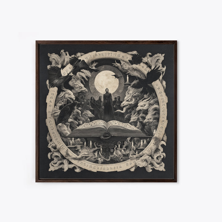 The Living Spellbook, Dark Symbolist Art, Square Wall Art, Dark Halloween Decor, Framed Canvas Print, Halloween Wall Art