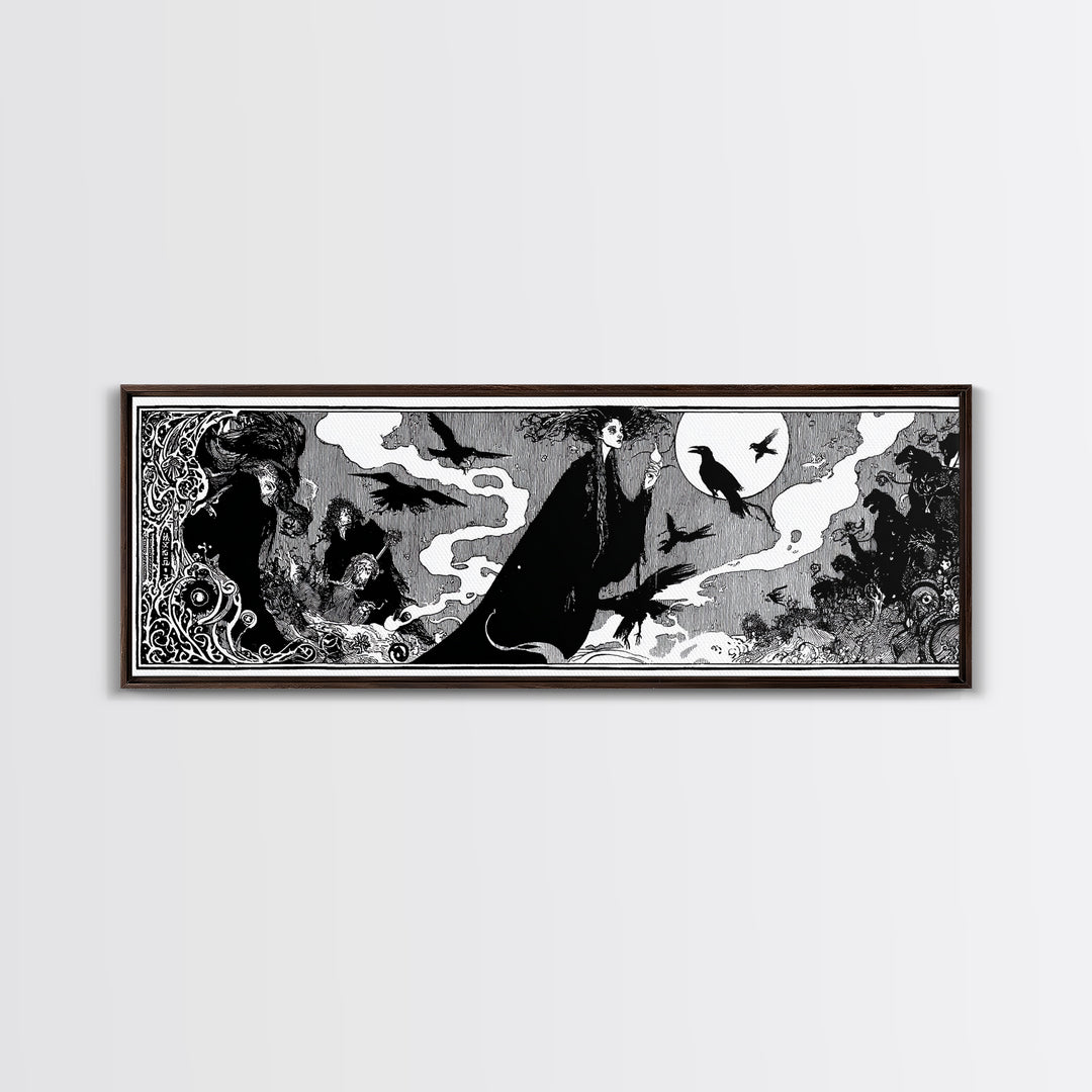 The Living Spellbook, Decadent Line Art, Extra Wide Wall Art, Dark Fantasy Wall Art, Canvas Print, Halloween Wall Art