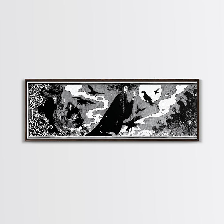 The Living Spellbook, Decadent Line Art, Extra Wide Wall Art, Dark Fantasy Wall Art, Canvas Print, Halloween Wall Art