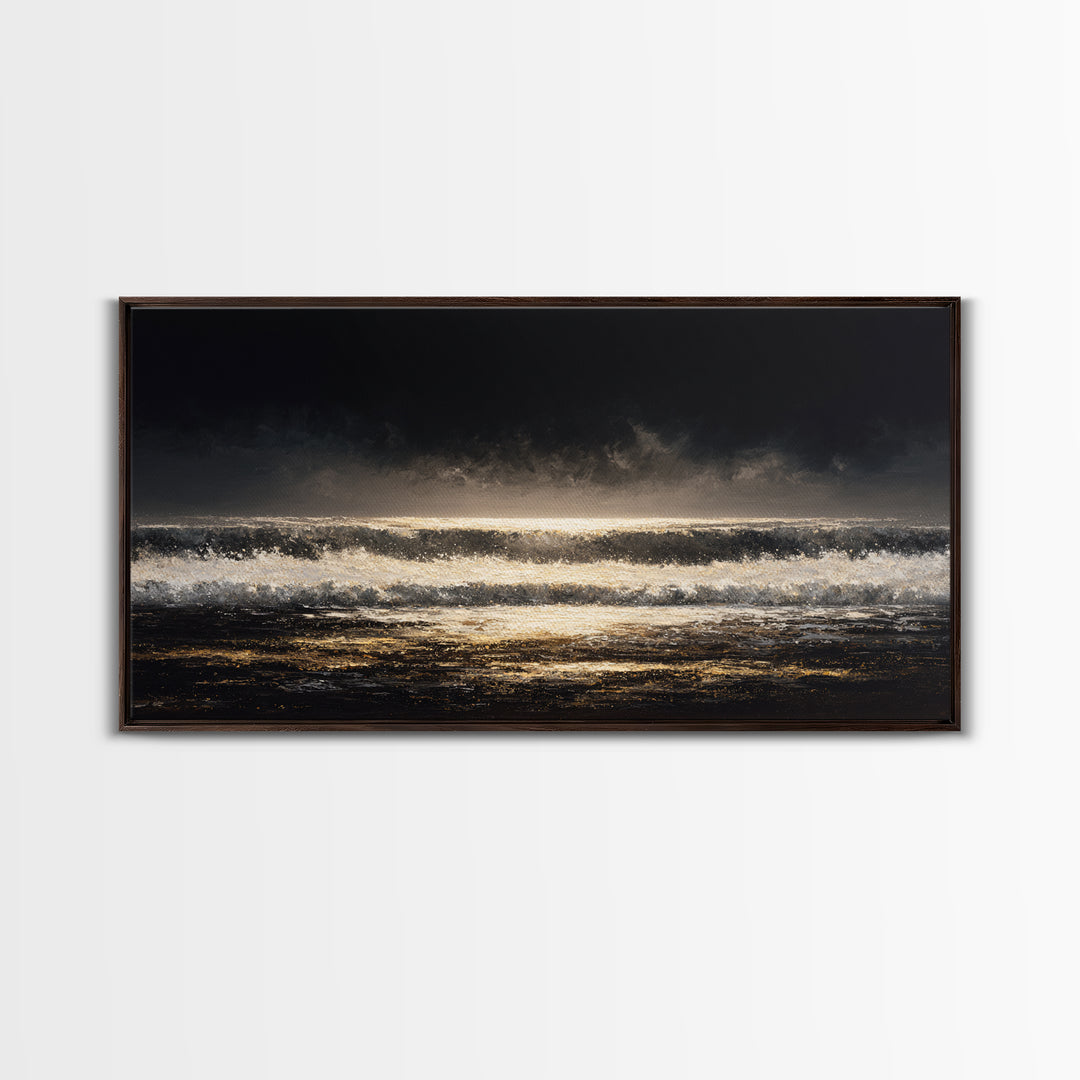 Stormy Sea under a Nearly Black Sky Framed Canvas Print, Dark Art, Digital Art, Living Room Decor, Fine Art, Nocturne, DAR-2x1-25