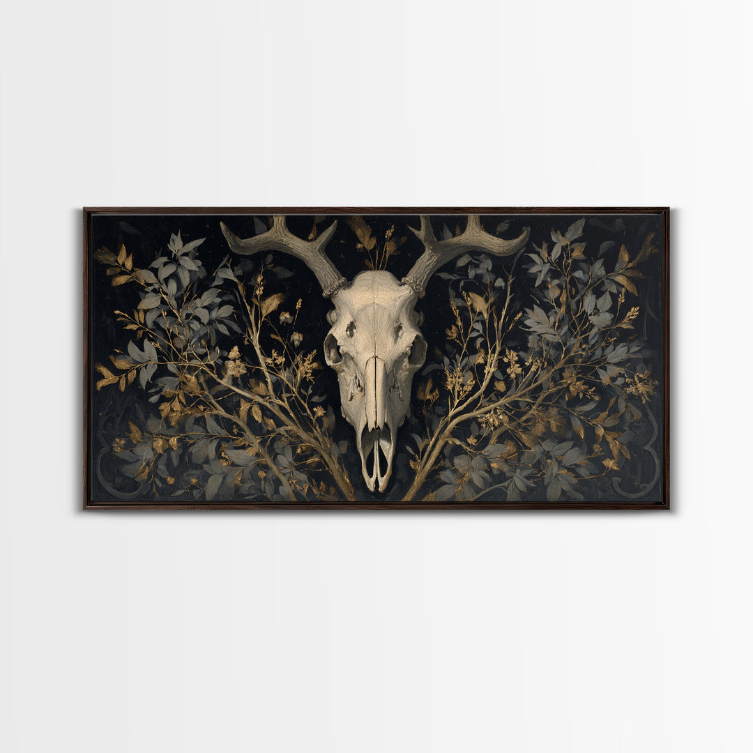Shadowy Deer Skull Canvas Print, Dark Art, Oil Painting, Living Room Decor, Nocturne, Gothic Wall Decor, Man Cave Decor, DAR-2x1-31