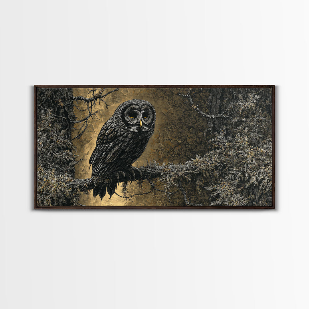 Owl in a Midnight Pine Forest Framed Canvas Print, Dark Art, Room Decor, Living Room Decor, Fine Art, Nocturne, Digital Art, DAR-2x1-42