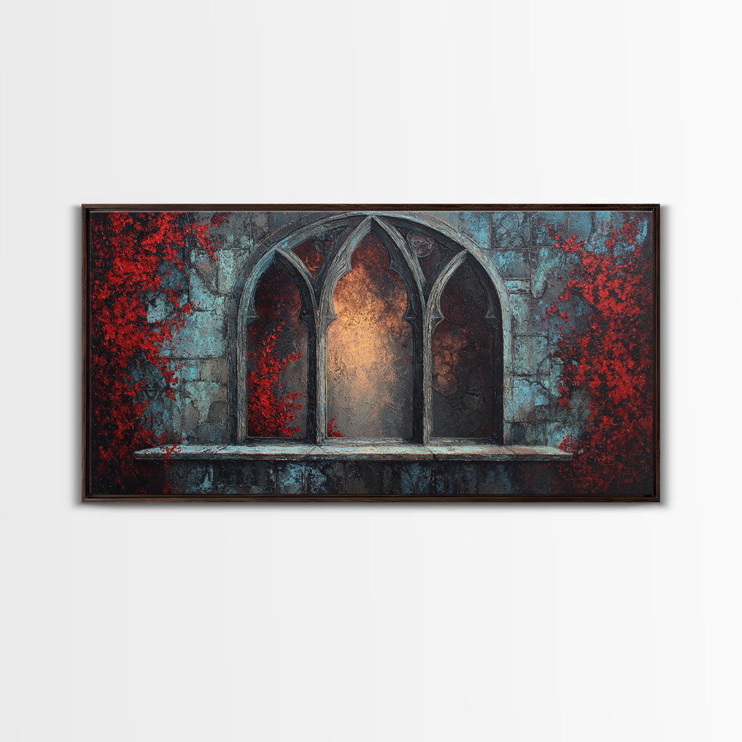 Gothic Cathedral Window Framed Canvas Print, Dark Art, Art Print, Living Room Decor, Oil Painting, Nocturne, Halloween Art, DAR-2x1-60