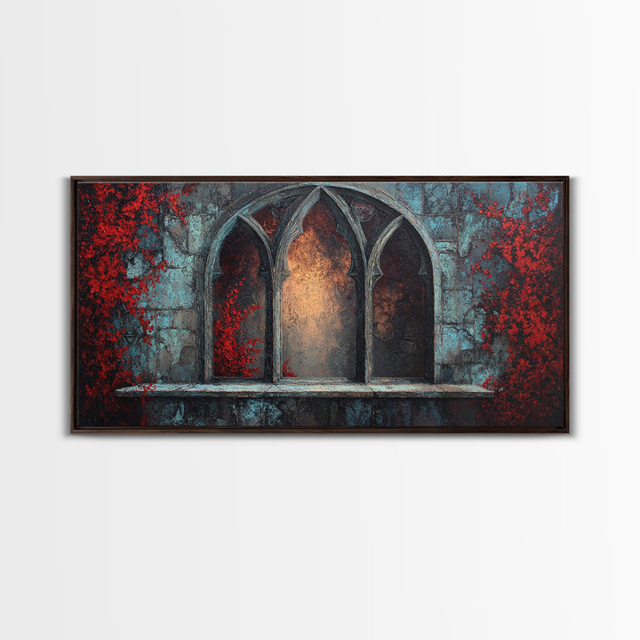 Gothic Cathedral Window Framed Canvas Print, Dark Art, Art Print, Living Room Decor, Oil Painting, Nocturne, Halloween Art, DAR-2x1-60