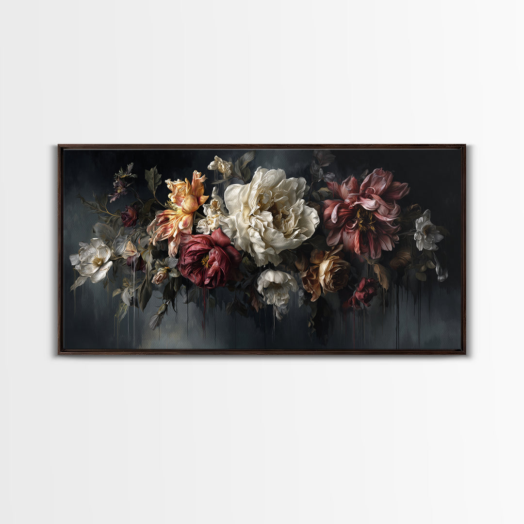 Dark Floral Bouquet Canvas Print, Dark Art, Oil Painting, Living Room Decor, Nocturne, Gothic Wall Decor, Man Cave Decor, DAR-2x1-61