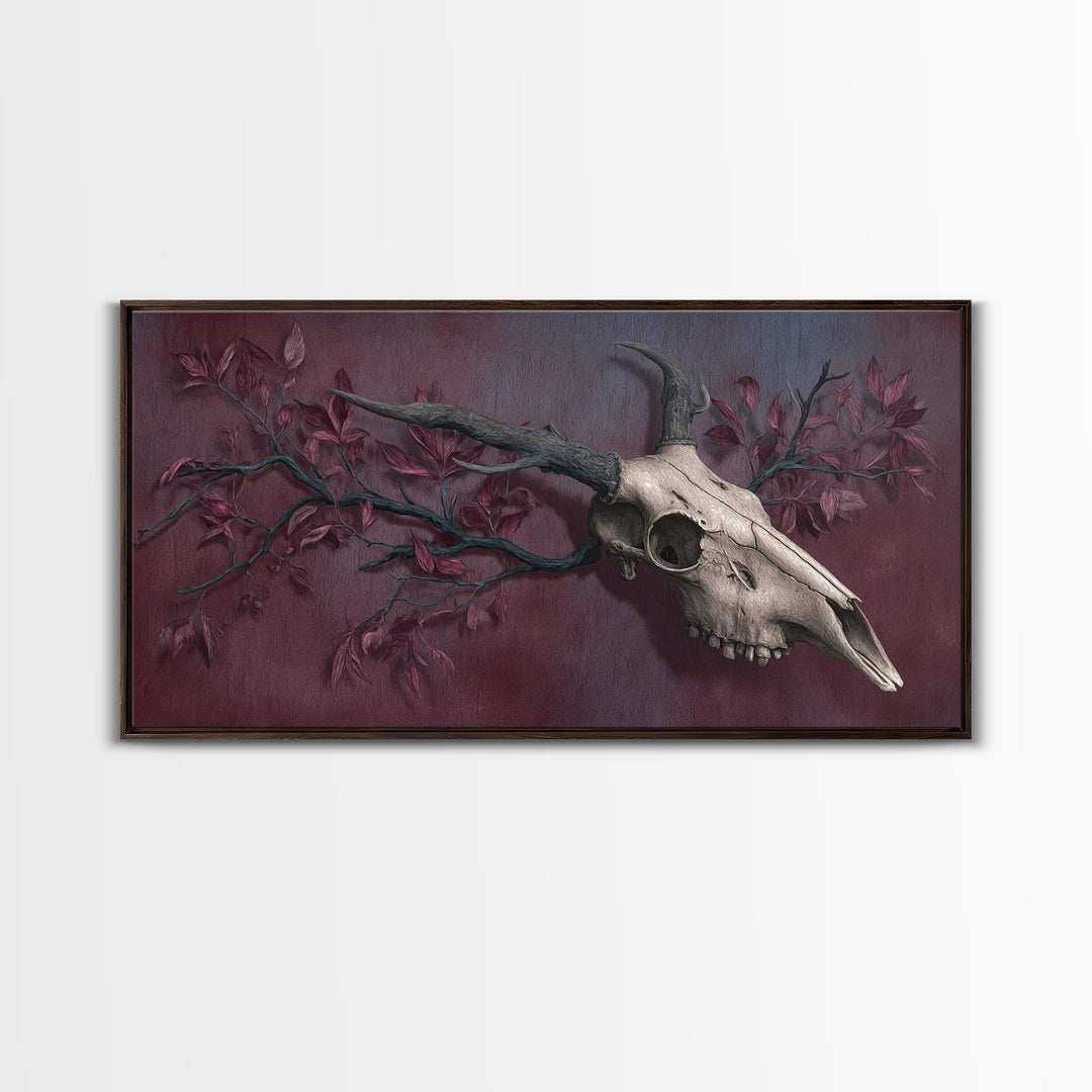 Shadowy Deer Skull Framed Canvas Print, Dark Art, Painting, Living Room Decor, Watercolor Art, Nocturne, Gothic Wall Art, DAR-2x1-7