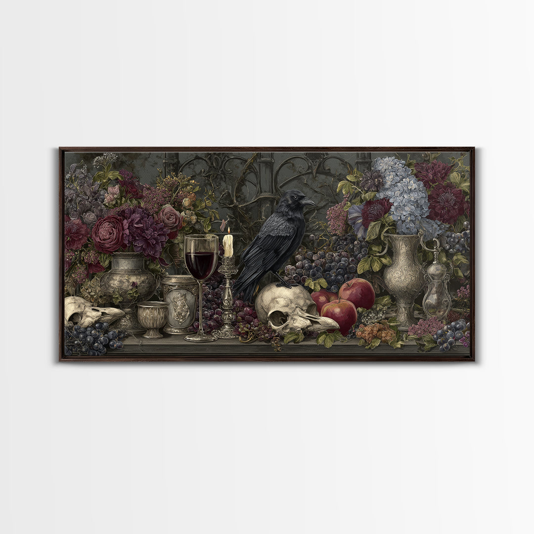 Witchy Still Life of Herbs Candles and Canvas Print, Dark Art, Watercolor Painting, Living Room Decor, Fine Art, Nocturne, DAR-2x1-76