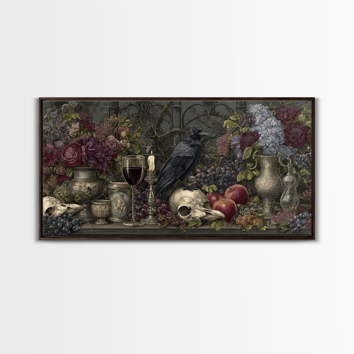 Witchy Still Life of Herbs Candles and Canvas Print, Dark Art, Watercolor Painting, Living Room Decor, Fine Art, Nocturne, DAR-2x1-76
