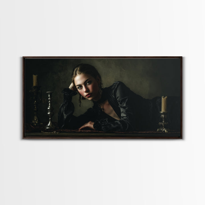Vampire Inspired Portrait with Pale Dramatic Light Framed Canvas Print, Dark Art, Goth Decor, Living Room Decor, Nocturne, DAR-2x1-81