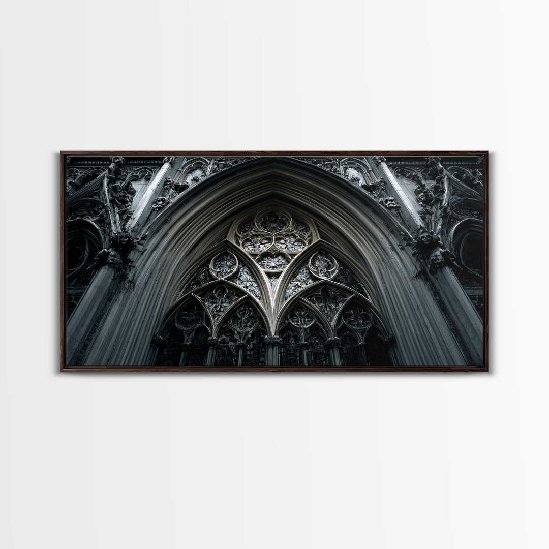Gothic Cathedral Window Framed Canvas Print, Dark Art, Moody Wall Art, Living Room Decor, Fine Art, Nocturne, Gallery Decor, DAR-2x1-84