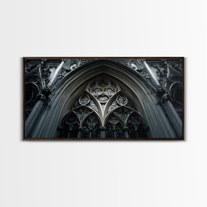 Gothic Cathedral Window Framed Canvas Print, Dark Art, Moody Wall Art, Living Room Decor, Fine Art, Nocturne, Gallery Decor, DAR-2x1-84