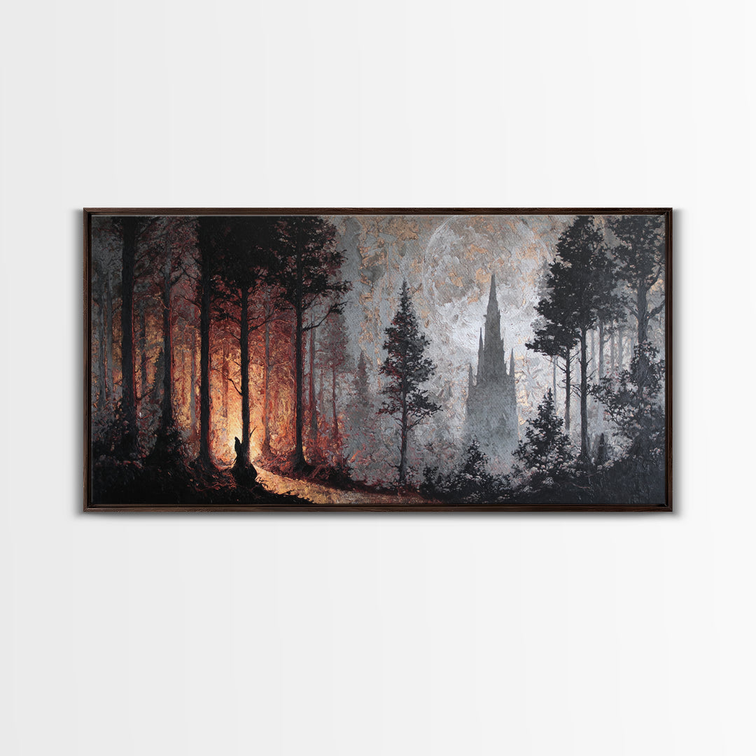 Owl in a Midnight Pine Forest Framed Canvas Print, Dark Art, Art Print, Living Room Decor, Fine Art, Nocturne, Halloween Art, DAR-2x1-90