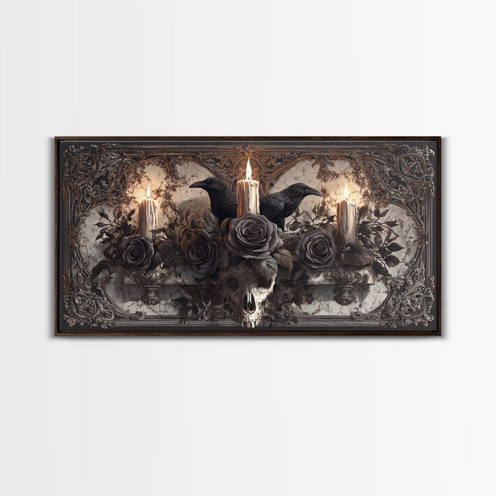Black Roses Blooming from Cracked Stone Canvas Print, Dark Art, Digital Art, Living Room Decor, Nocturne, Unique Wall Decor, DAR-2x1-94