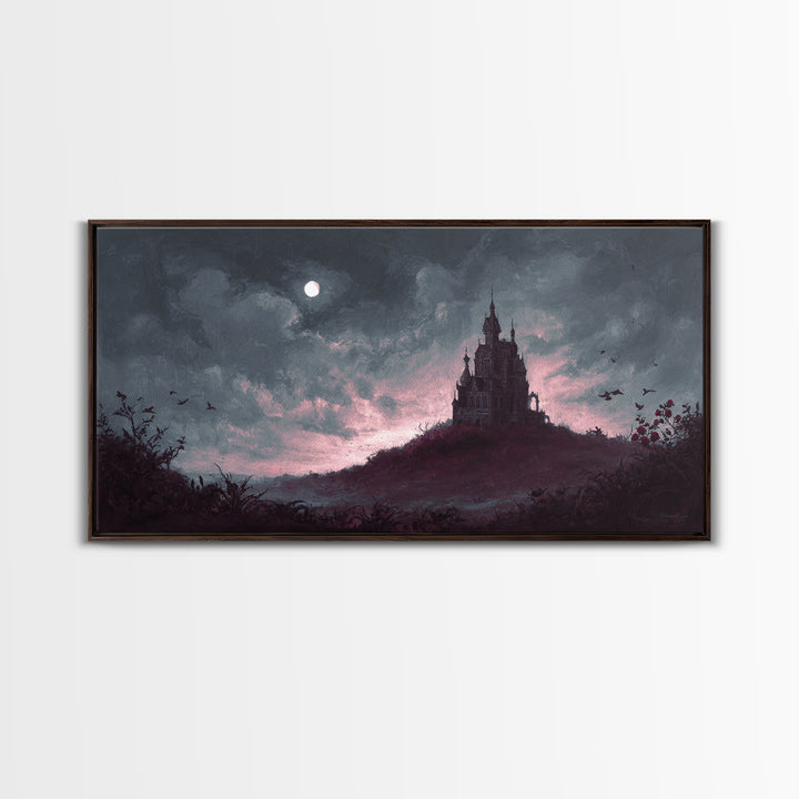 Haunted Mansion Silhouette on Distant Hill Canvas Print, Dark Art, Living Room Decor, Watercolor Art, Nocturne, DAR-2x1-98