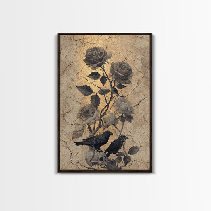 Black Roses Blooming from Cracked Stone Framed Canvas Print, Dark Art, Painting, Living Room Decor, Fine Art, Nocturne, DAR-2x3-34