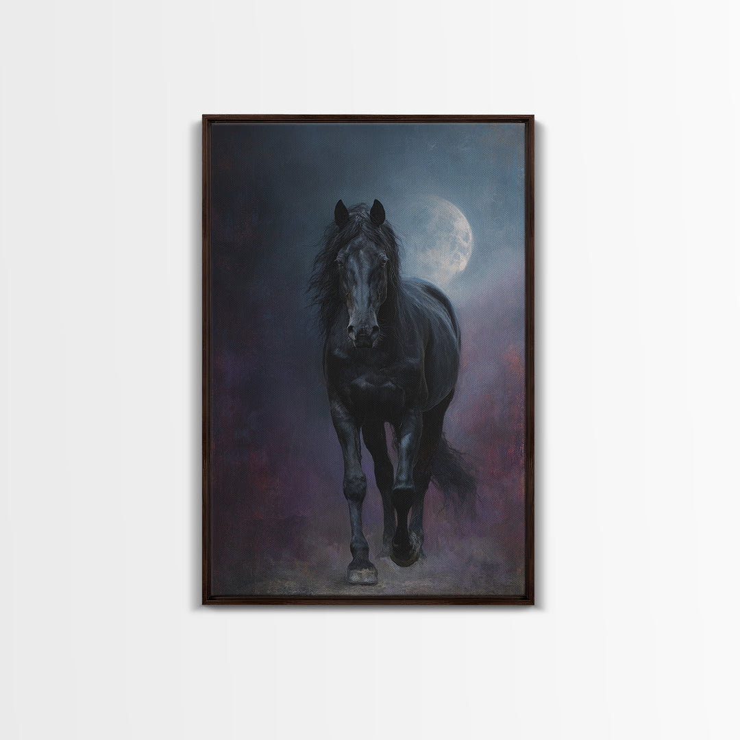 Black Horse Emerging from Smoke Framed Canvas Print, Dark Art, Living Room Decor, Oil Painting, Nocturne, Halloween Art, DAR-2x3-51