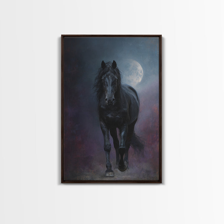 Black Horse Emerging from Smoke Framed Canvas Print, Dark Art, Living Room Decor, Oil Painting, Nocturne, Halloween Art, DAR-2x3-51