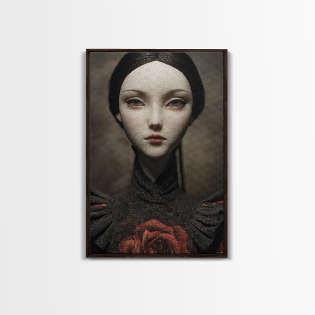 Cracked Porcelain Doll Portrait Framed Canvas Print, Dark Art, Digital Art, Living Room Decor, Nocturne, Unique Wall Decor, DAR-2x3-55