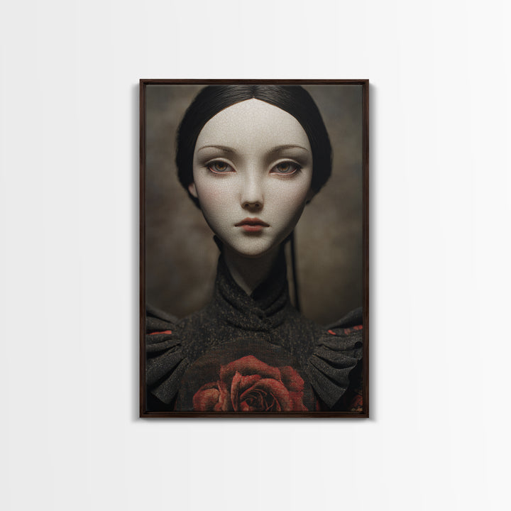 Cracked Porcelain Doll Portrait Framed Canvas Print, Dark Art, Digital Art, Living Room Decor, Nocturne, Unique Wall Decor, DAR-2x3-55