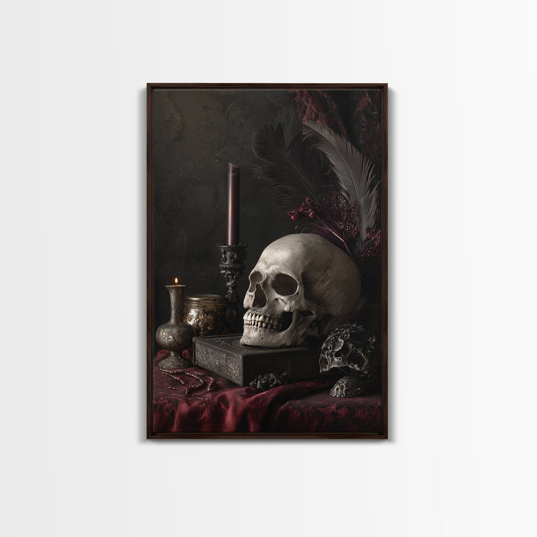 Baroque Skull and Red Velvet Vanitas Canvas Print, Dark Art, Living Room Decor, Oil Painting, Nocturne, Halloween Art, DAR-2x3-66
