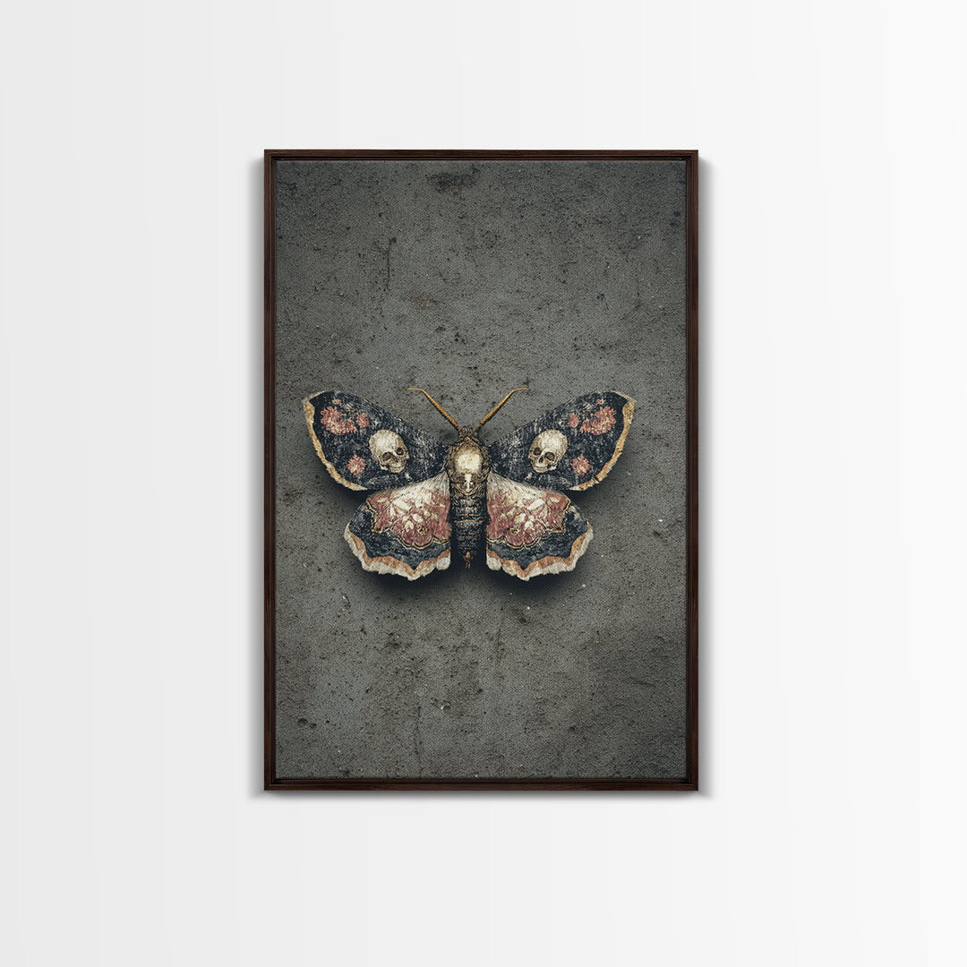 Moth with Skull Pattern on Black Ground Canvas Print, Dark Art, Gothic Wall Art, Living Room Decor, Fine Art, Nocturne, DAR-2x3-71