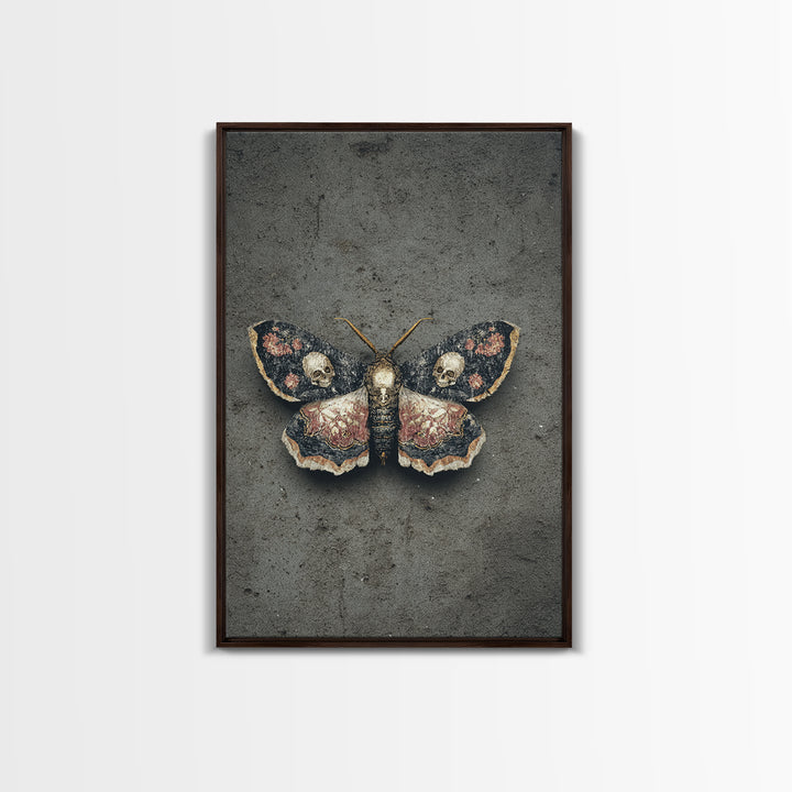 Moth with Skull Pattern on Black Ground Canvas Print, Dark Art, Gothic Wall Art, Living Room Decor, Fine Art, Nocturne, DAR-2x3-71